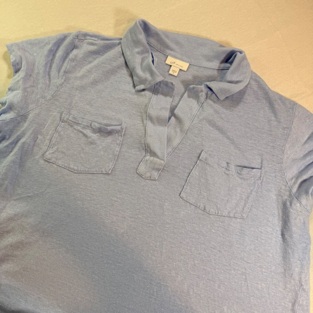 J. Jill Polo Shirt Womens XL Blue Linen Short Sleeve Top Coastal Grandmother